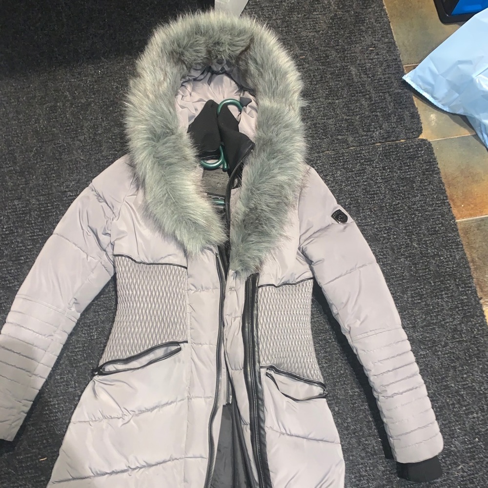 Grey fur trim winter coat